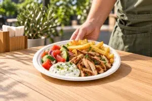 Gyros s&uuml;lt burgony&aacute;val &eacute;s sal&aacute;t&aacute;val feh&eacute;r cukorn&aacute;d t&aacute;ny&eacute;ron