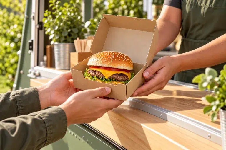 Hamburger &aacute;tad&aacute;sa nyitott kraft hamburgerdobozban