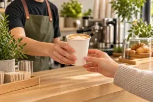 Cappuccino &aacute;tad&aacute;sa feh&eacute;r, felirat n&eacute;lk&uuml;li pap&iacute;rpoh&aacute;rban a k&aacute;v&eacute;z&oacute; pultj&aacute;n