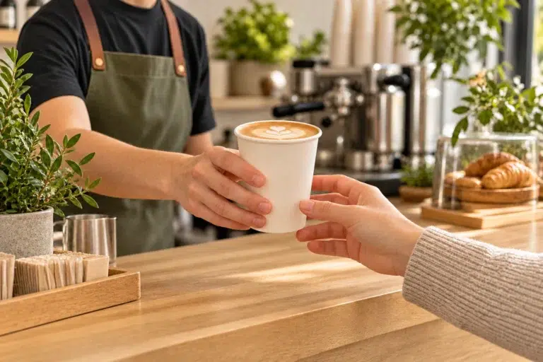 Cappuccino &aacute;tad&aacute;sa feh&eacute;r, felirat n&eacute;lk&uuml;li pap&iacute;rpoh&aacute;rban a k&aacute;v&eacute;z&oacute; pultj&aacute;n