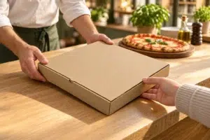 Barna pizzadoboz &aacute;tad&aacute;sa a vend&eacute;gnek a pizz&eacute;ria pultj&aacute;n
