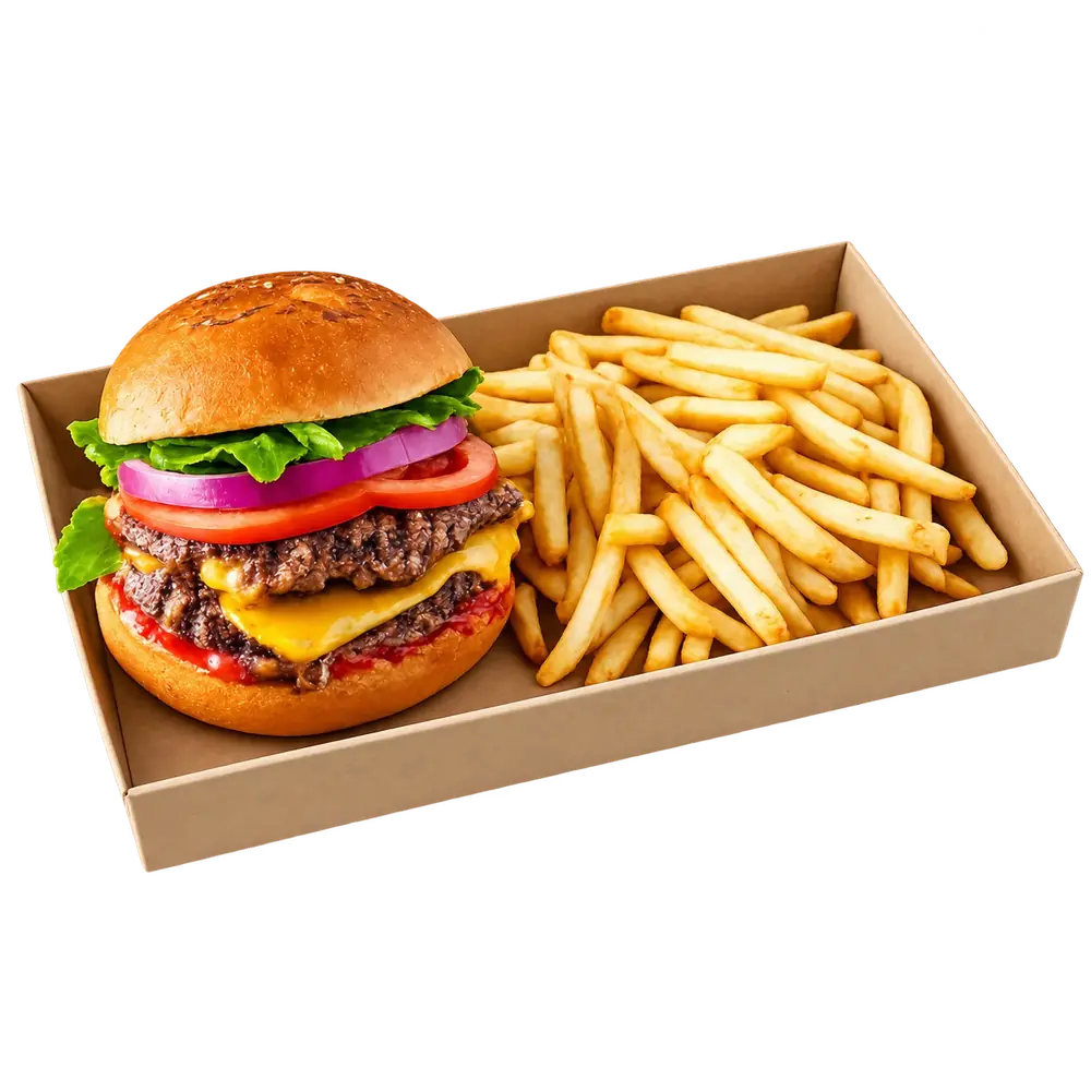Street food csomagolások vendéglátóhelyeknek 1 Hamburger és sült burgonya kraft papírtálcán