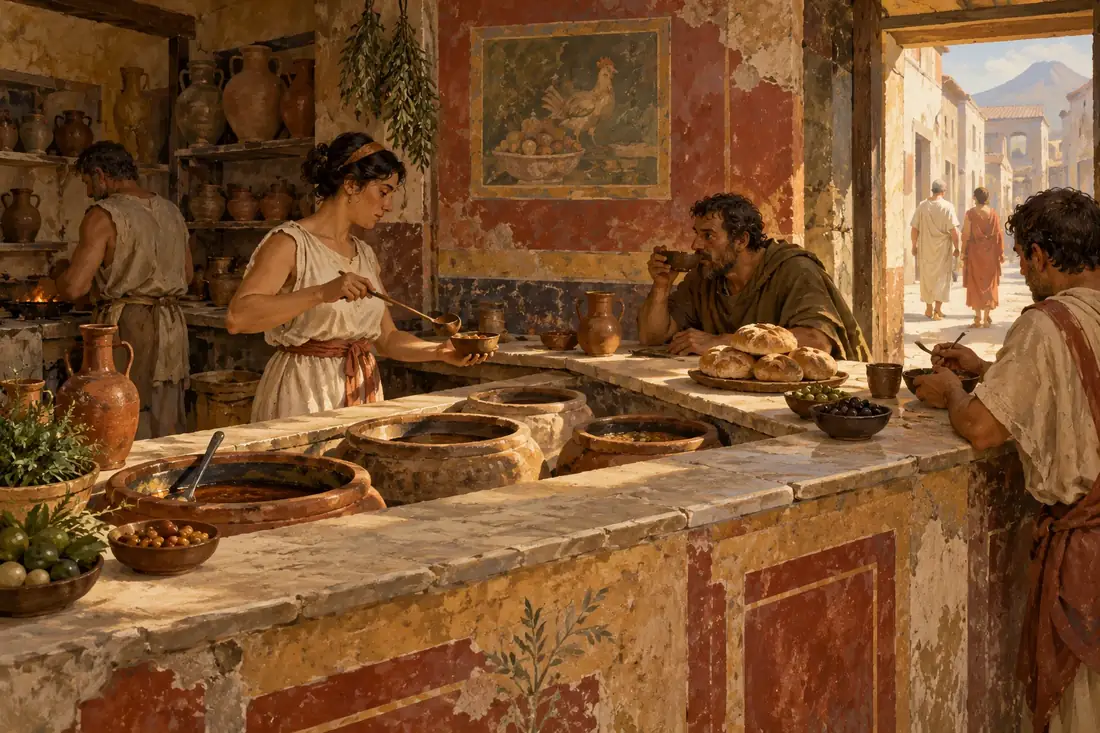 Street food csomagolások vendéglátóhelyeknek 4 Festett illusztráció egy ókori pompeji ételpult elképzelt világáról
